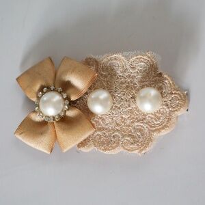 Handmade Vintage-Style Lace Hair Clip with Faux Pearls & Satin Bow